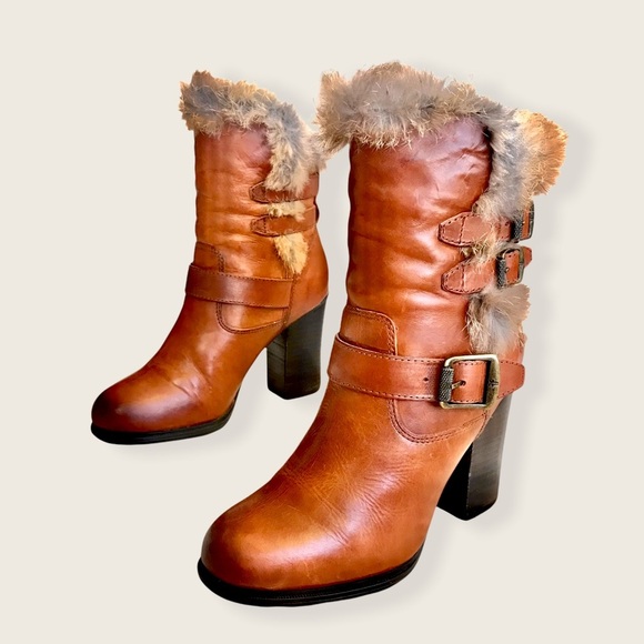 RARE Frye Penny Lux Rabbit Fur-Lined Cognac Leather Buckle Heeled Ankle Booties - Picture 14 of 15